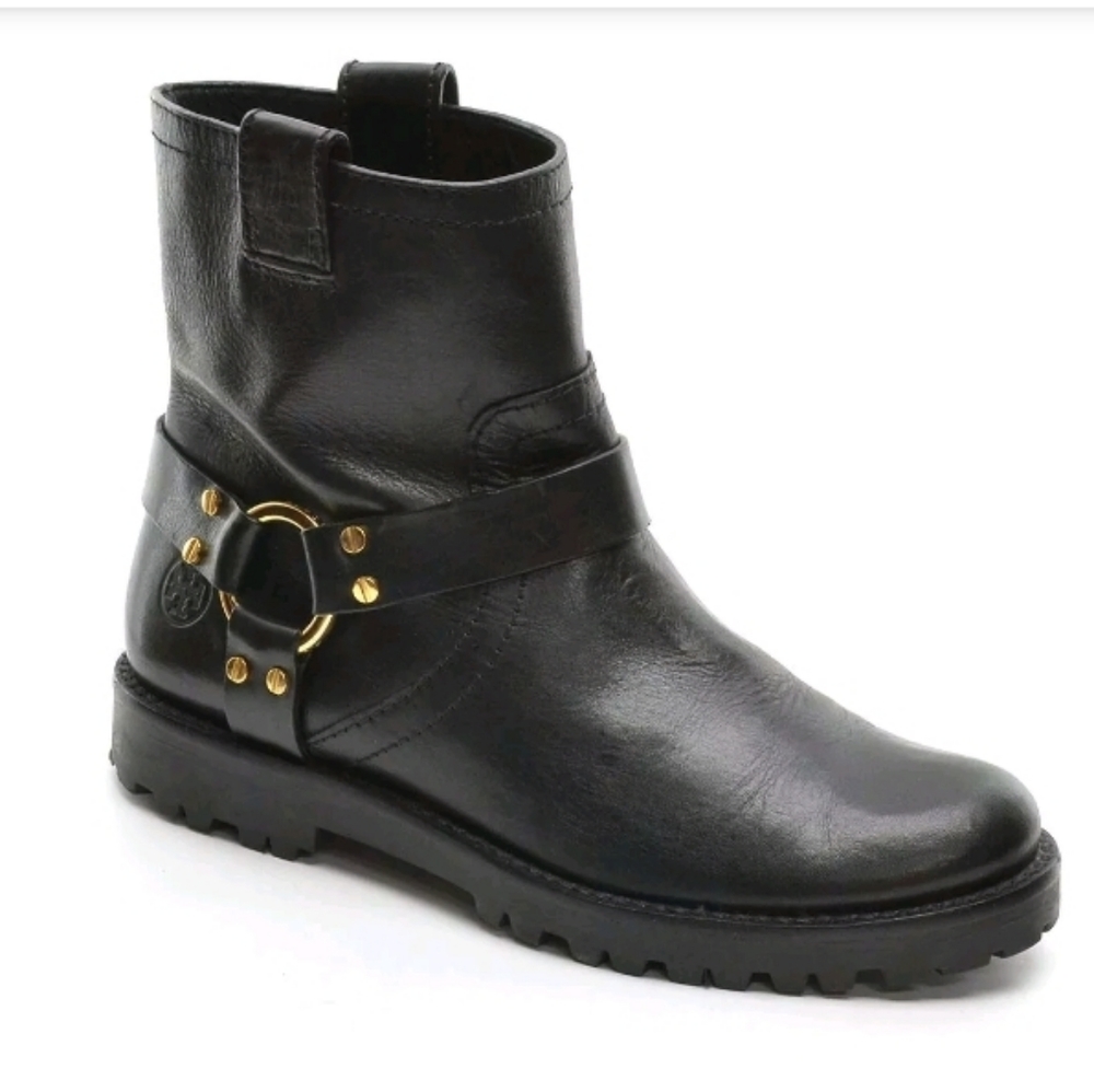 Tory Burch Black Leather Ankle Boot with Gold Hardware